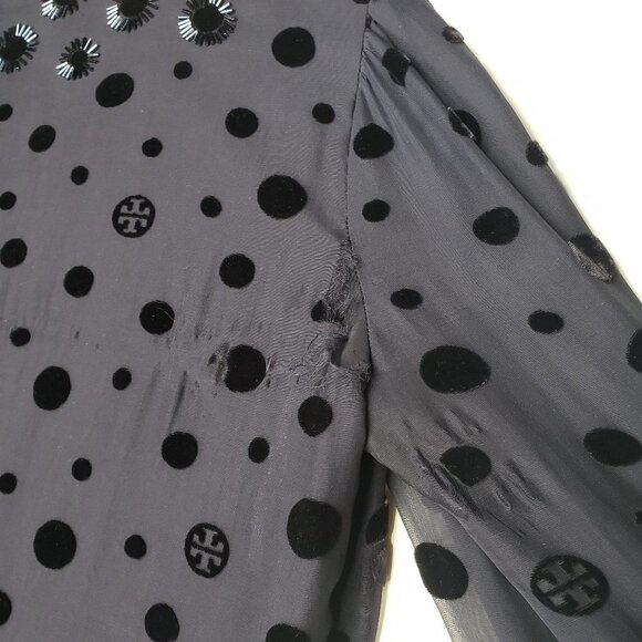 Tory Burch Angela‎ Beaded Velvet Dot Sheer Blouse Long Sleeve Lined 8 - FLAWED - Picture 12 of 16